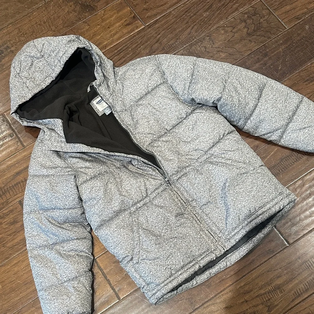 Old Navy‎ Boys Gray Marled Speckled Hooded Puffer Jacket Size L (10-12)